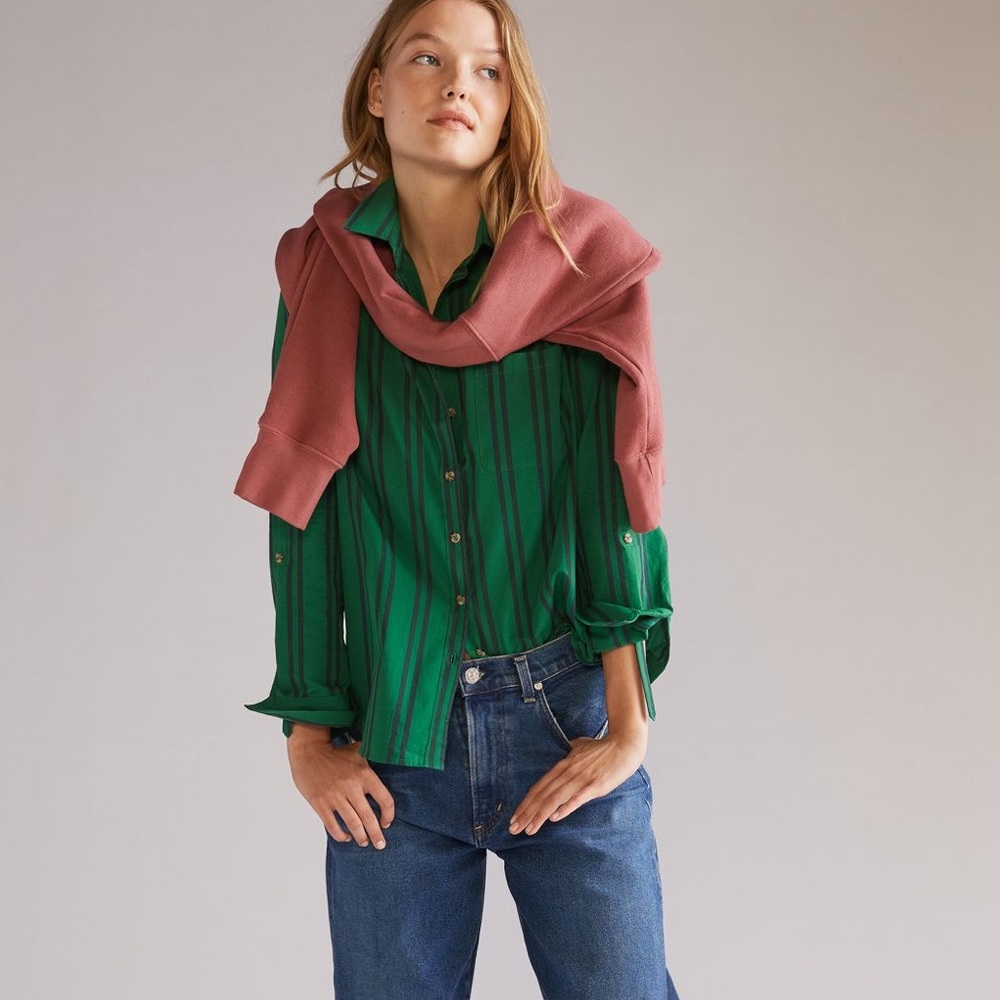 Anthropologie Maeve Striped Buttondown Size 2 Green Motif NWT